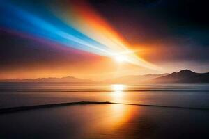 ein Regenbogen Über das Ozean mit Berge im das Hintergrund. KI-generiert foto