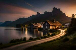 ein Haus sitzt auf das Seite von ein See beim Sonnenuntergang. KI-generiert foto