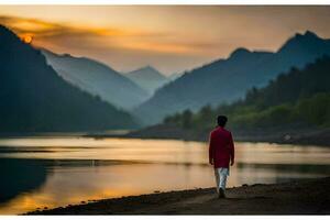 ein Mann im rot Stehen auf das Ufer von ein See beim Sonnenuntergang. KI-generiert foto
