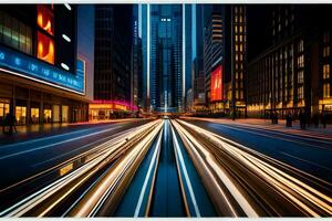 ein Stadt Straße beim Nacht mit Licht Wanderwege. KI-generiert foto