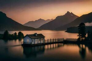 ein klein Haus sitzt auf das Kante von ein See beim Sonnenuntergang. KI-generiert foto
