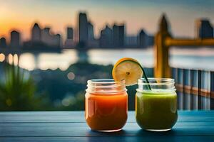 zwei Brille von Saft mit ein Aussicht von das Stadt. KI-generiert foto