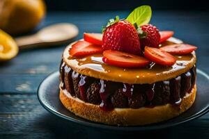 ein Kuchen mit Erdbeeren und Sirup auf oben. KI-generiert foto