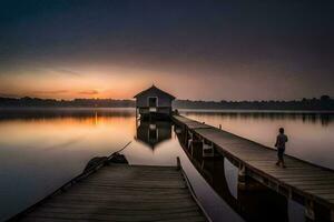 ein Mann Spaziergänge entlang ein Dock beim Sonnenaufgang. KI-generiert foto