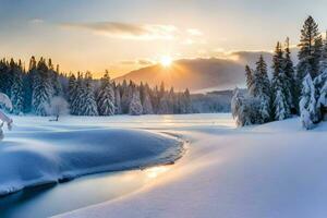 Foto Hintergrund das Himmel, Schnee, Bäume, Fluss, Sonne, Bäume, Fluss, das Sonne. KI-generiert
