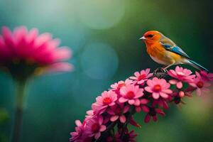 ein bunt Vogel thront auf ein Rosa Blume. KI-generiert foto