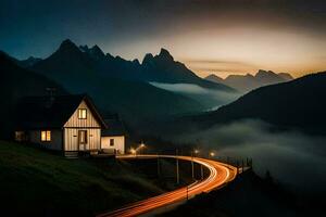 ein Haus sitzt auf ein Hang mit ein Straße führen zu Es. KI-generiert foto