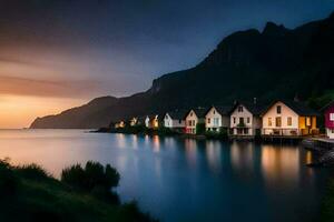 Foto Hintergrund das Himmel, Berge, Wasser, Häuser, Norwegen, das Meer, das Sonne. KI-generiert
