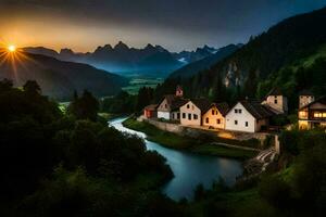 Foto Hintergrund das Himmel, Berge, Fluss, Dorf, Sonnenuntergang, das Sonne. KI-generiert