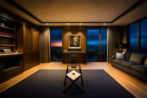 das Leben Zimmer von ein Luxus Hotel Zimmer mit ein Aussicht von das Stadt. KI-generiert foto