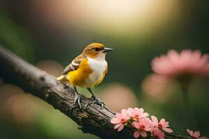 ein klein Vogel ist thront auf ein Ast mit Rosa Blumen. KI-generiert foto