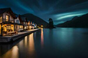ein See und Häuser beim Nacht. KI-generiert foto