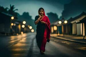 ein Frau im ein rot Sari Spaziergänge Nieder ein Straße beim Nacht. KI-generiert foto