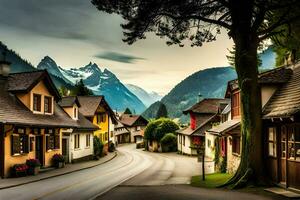 ein Straße im das Berge mit Häuser und Bäume. KI-generiert foto