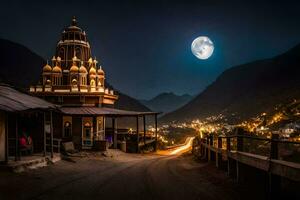 ein Tempel im das Berge beim Nacht mit ein voll Mond. KI-generiert foto