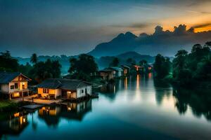 Foto Hintergrund das Himmel, Berge, Wasser, Haus, Fluss, Sonnenuntergang, Haus, Fluss,. KI-generiert