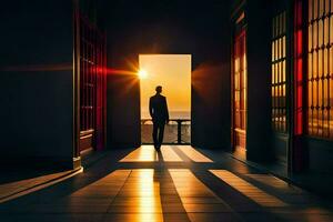 ein Mann Stehen im ein öffnen Türöffnung beim Sonnenuntergang. KI-generiert foto