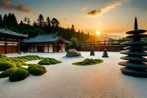 ein japanisch Garten beim Sonnenuntergang. KI-generiert foto