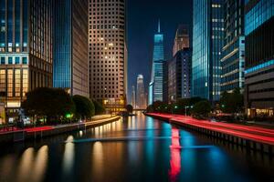 ein Stadt beim Nacht mit ein Fluss und Gebäude. KI-generiert foto