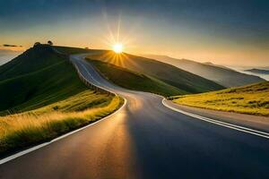 das Sonne Rahmen Über ein Wicklung Straße im das Berge. KI-generiert foto