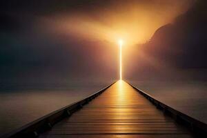 ein lange hölzern Seebrücke mit ein Licht leuchtenden durch Es. KI-generiert foto