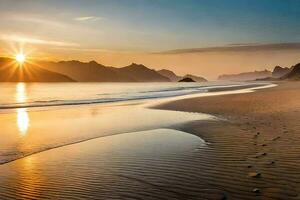 das Sonne ist Rahmen Über ein Strand mit Fußabdrücke im das Sand. KI-generiert foto