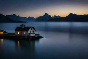 ein klein Haus sitzt auf das Kante von ein See beim Dämmerung. KI-generiert foto