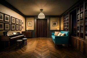 ein Zimmer mit ein Klavier, Bücherregale und ein Couch. KI-generiert foto