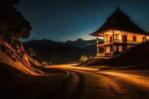 ein klein Haus sitzt auf das Seite von ein Straße beim Nacht. KI-generiert foto