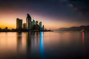 das Stadt Horizont beim Sonnenuntergang im hong. KI-generiert foto