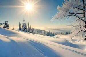 Schnee bedeckt Bäume und das Sonne leuchtenden Über ihnen. KI-generiert foto