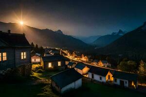ein Dorf beim Nacht mit das Sonne leuchtenden. KI-generiert foto