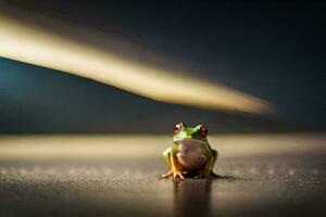 ein Frosch Sitzung auf das Boden im Vorderseite von ein verschwommen Licht. KI-generiert foto