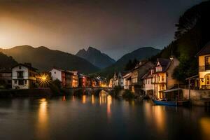 Foto Hintergrund das Himmel, Berge, Fluss, Brücke, Stadt, Haus, das Stadt, Die. KI-generiert