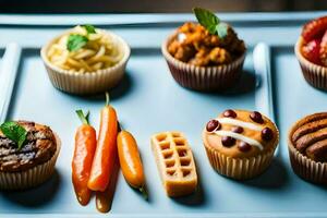 ein Tablett mit verschiedene Cupcakes und andere Essen Artikel. KI-generiert foto