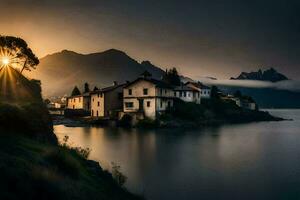 ein schön Sonnenuntergang Über ein klein Dorf auf das Ufer von ein See. KI-generiert foto