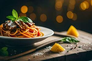 Spaghetti mit Fleisch und Tomate Soße auf ein hölzern Tisch. KI-generiert foto