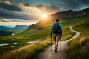 ein Mann mit Wanderung Stangen Spaziergänge auf ein Pfad im das Berge. KI-generiert foto