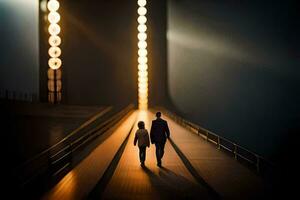 ein Mann und Frau Gehen auf ein Brücke beim Nacht. KI-generiert foto