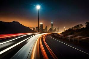ein lange Exposition fotografieren von ein Stadt Horizont beim Nacht. KI-generiert foto