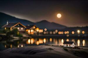 Foto Hintergrund das Mond, See, Haus, das Nacht, das Mond, das See, Die. KI-generiert