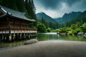 das japanisch Pavillon im das Berge. KI-generiert foto