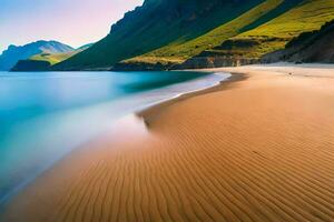 ein Strand mit Sand und Berge im das Hintergrund. KI-generiert foto