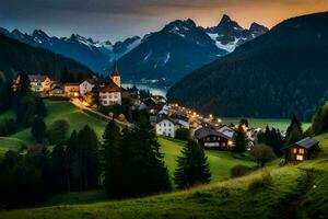 ein Dorf im das Berge beim Dämmerung. KI-generiert foto