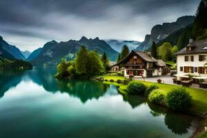 ein Haus sitzt auf das Ufer von ein See umgeben durch Berge. KI-generiert foto