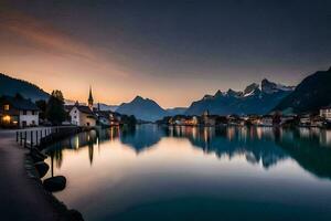 ein Stadt, Dorf und Berge sind reflektiert im das Wasser beim Sonnenuntergang. KI-generiert foto