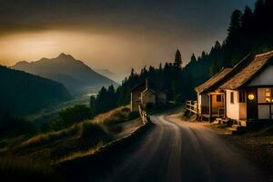 ein Straße führen zu ein klein Haus im das Berge. KI-generiert foto