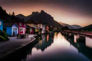 ein Fluss läuft durch ein Stadt, Dorf beim Sonnenuntergang. KI-generiert foto