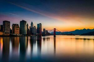 das Stadt Horizont beim Sonnenuntergang mit ein Brücke und Wasser. KI-generiert foto