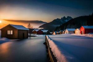 ein Winter Sonnenuntergang Über ein schneebedeckt Dorf. KI-generiert foto